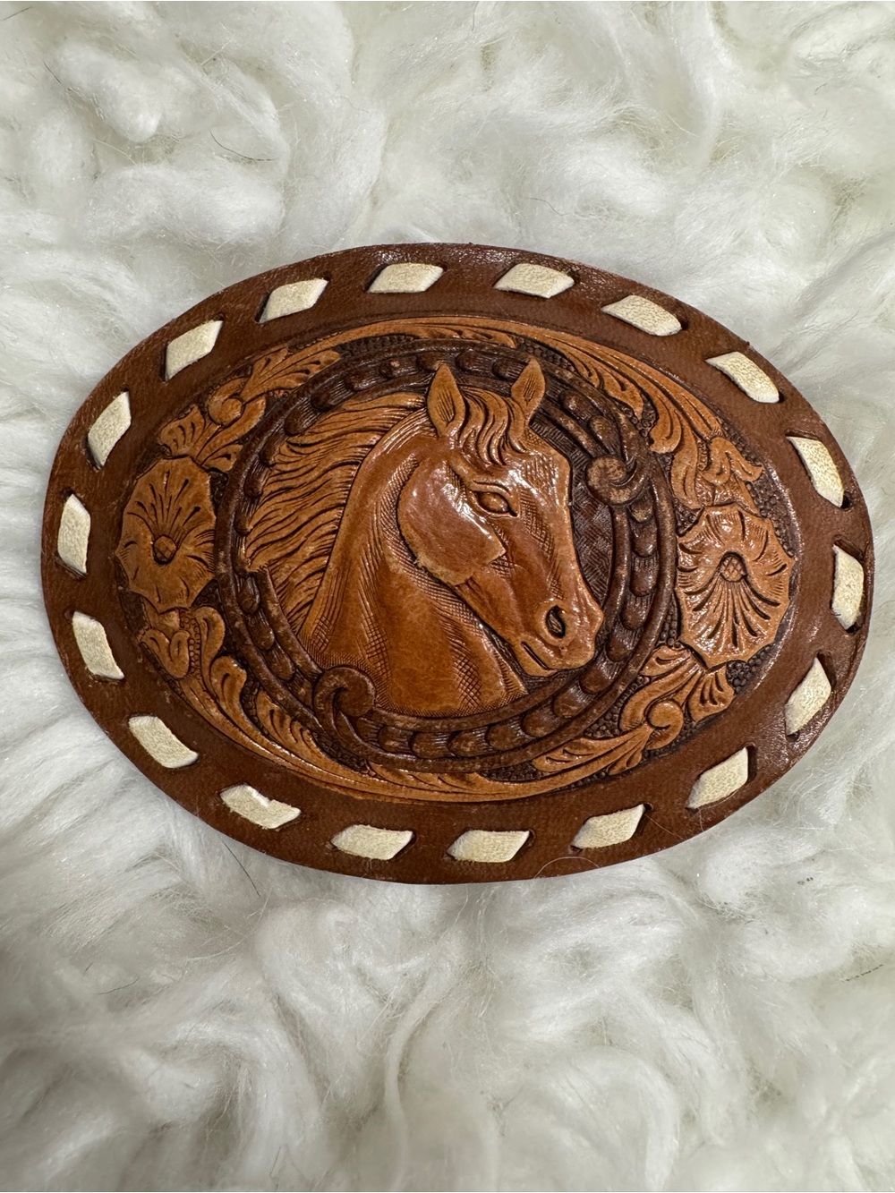Vintage Decorative Brown Tooled Leather Horse and Floral Oval Belt Buckle